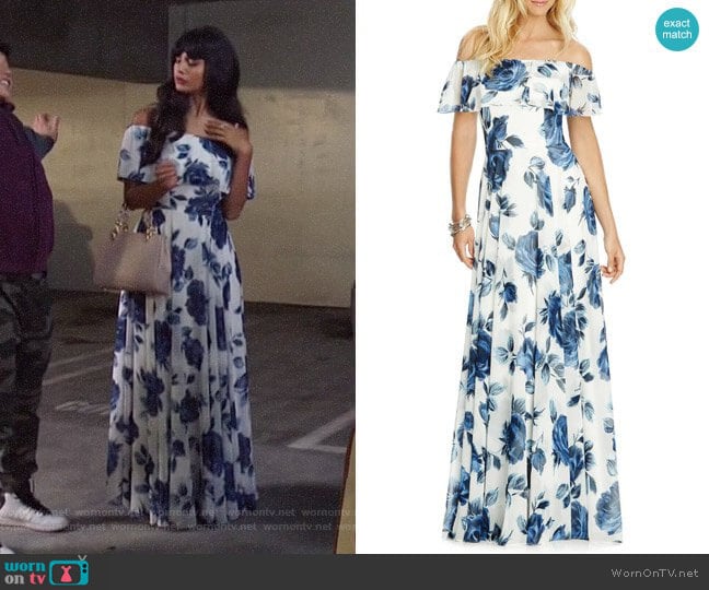 After Six Floral Chiffon Off the Shoulder Gown worn by Tahani Al-Jamil (Jameela Jamil) on The Good Place