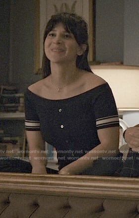 Ali's off-shoulder top with striped sleeves on Madam Secretary