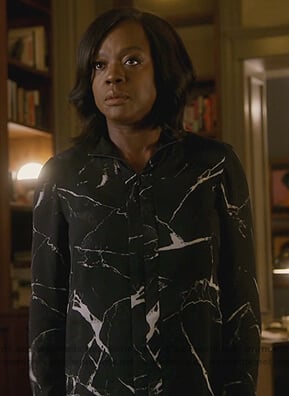 Annalise's black marble print silk blouse on How to Get Away with Murder