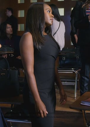 Michaela’s black gathered sheath dress on How to Get Away with Murder