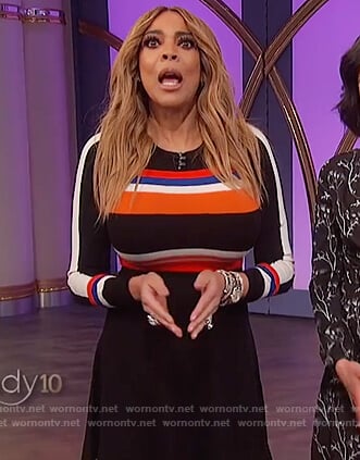 Wendy’s black striped fit and flare dress on The Wendy Williams Show