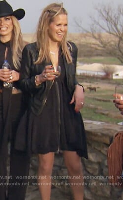 Jackie's black zip front dress and leather jacket on The Real Housewives of New Jersey