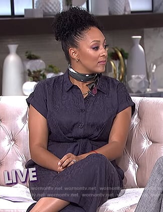 Tamera’s blue tie front jumpsuit on The Real