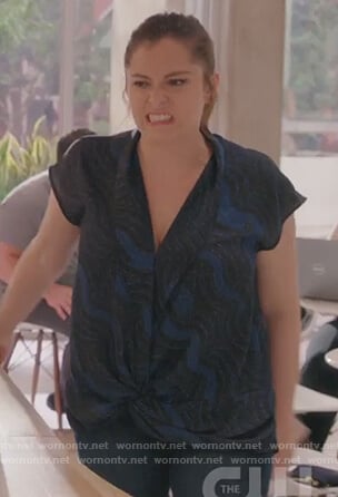 Rebecca's blue printed twist front top on Crazy Ex Girlfriend