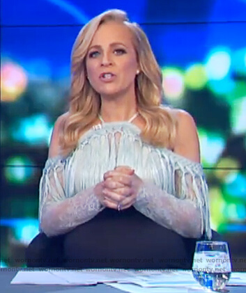 Carrie’s green tassel halter neck top on The Project