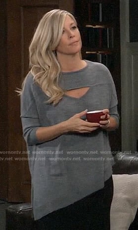 Carly’s grey asymmetric cutout sweater on General Hospital