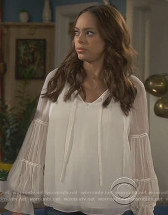 Claire's white sheer tie neck blouse on Happy Together