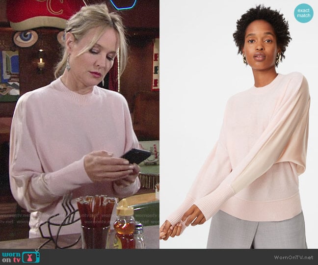 Club Monaco Lorenny Sweater in Flamingo worn by Sharon Newman (Sharon Case) on The Young and the Restless