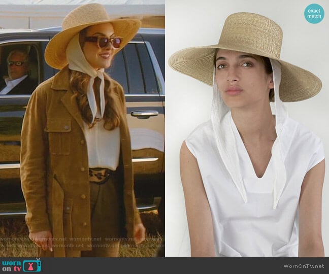 Wide Brim Flat Hat w Neck Shade by Clyde World worn by Fallon Carrington (Elizabeth Gillies) on Dynasty