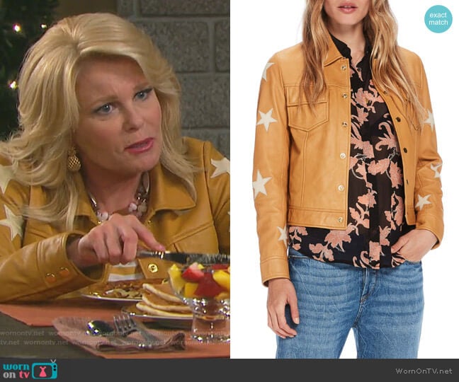 Sheepskin Leather Shirt Jacket by Scotch & Soda worn by Bonnie Lockhart (Judi Evans) on Days of our Lives