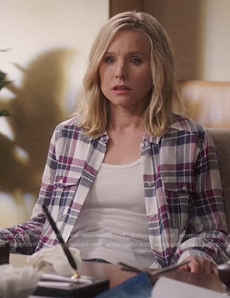 Eleanor's purple and blue plaid shirt on The Good Place