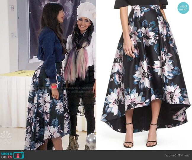 Eliza J Floral High Low Skirt worn by Tahani Al-Jamil (Jameela Jamil) on The Good Place