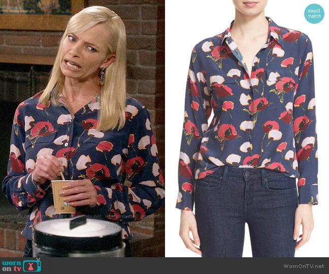 Equipment Slim Signature Floral Blouse in Peacoat worn by Jill Kendall (Jaime Pressly) on Mom