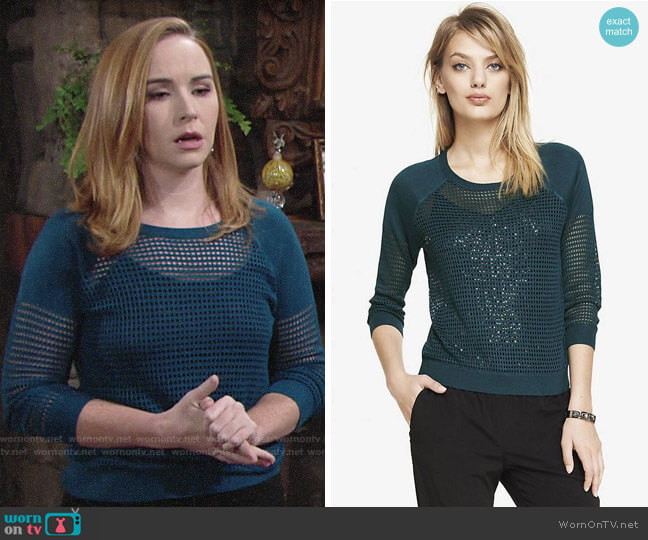Express Raglan Sleeve Open Mesh Sweater worn by Mariah Copeland (Camryn Grimes) on The Young & the Restless