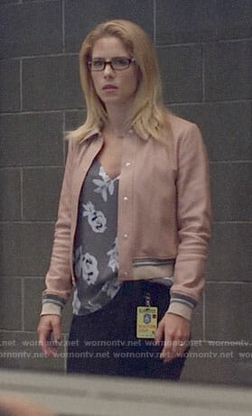 Felicity’s grey floral top and pink bomber jacket on Arrow