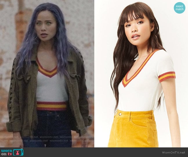 Sweater-Knit Varsity Striped Top by Forever 21 worn by Clarice Fong (Jamie Chung) on The Gifted