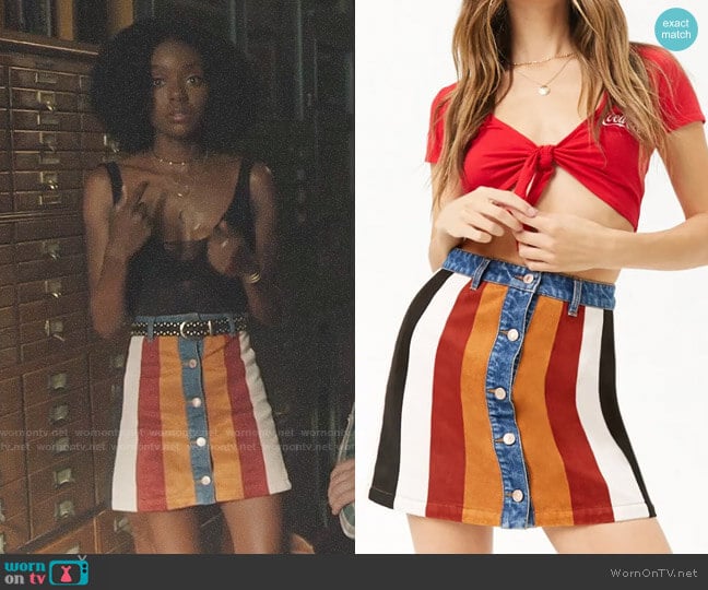 Forever 21 Faux Suede & Denim Button-Front Skirt worn by Josie McCoy (Ashleigh Murray) on Riverdale