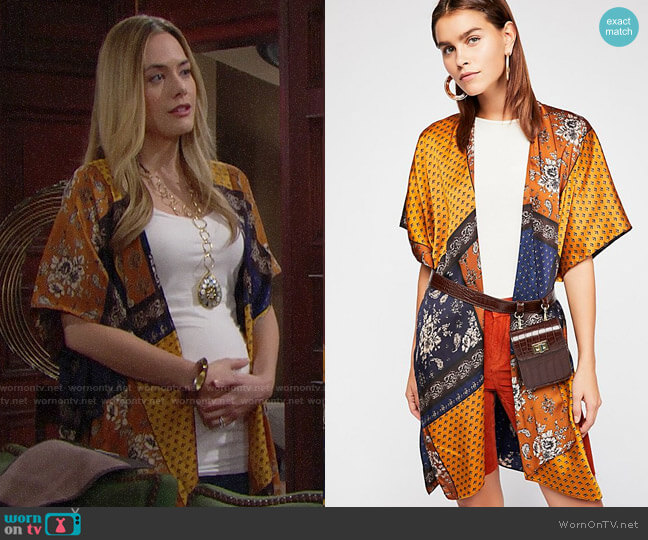 Free People Mon Cheri Silky Patchwork Kimono worn by Hope Logan (Annika Noelle) on The Bold and the Beautiful