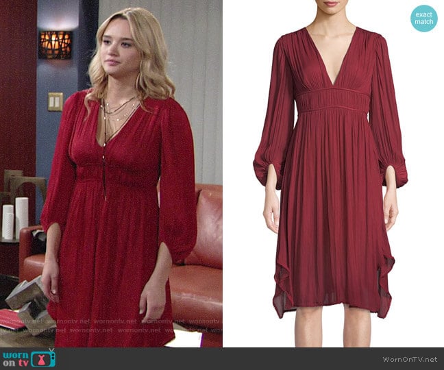 Halston Heritage Flowy Bishop Sleeve Ruched Dress worn by Summer Newman (Hunter King) on The Young and the Restless