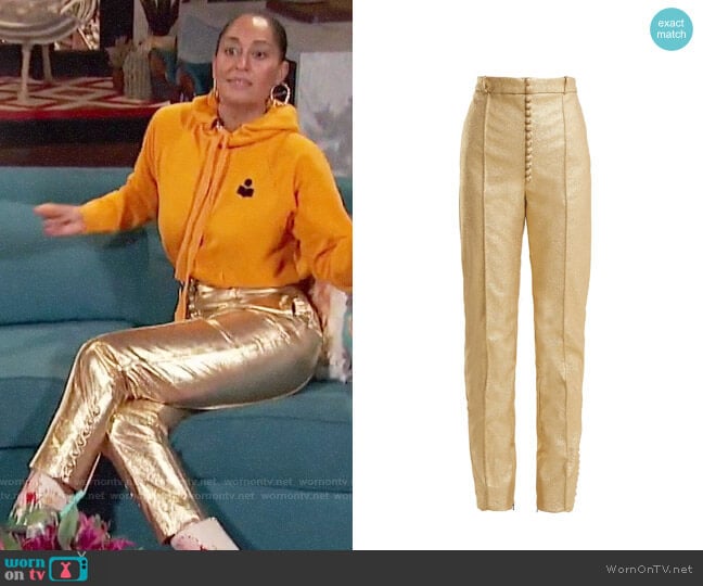 Hillier Bartley Glam Metallic Faux-Leather Trousers worn by Tracee Ellis Ross on Busy Tonight