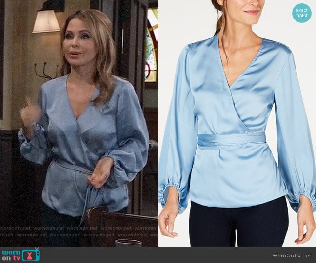 INC International Concepts Belted Wrap Top in Blue Seashore worn by Olivia Falconeri (Lisa Lo Cicero) on General Hospital