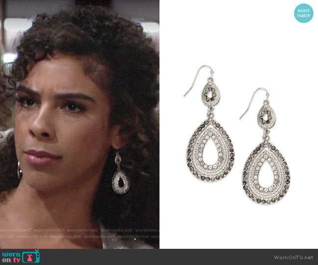 INC International Concepts Silver-Tone Pave Double Drop Earrings worn by Kerry Johnson (Alice Hunter) on The Young and the Restless