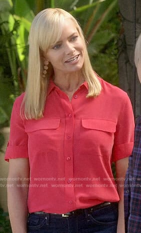 Jill’s red short sleeve button down shirt on Mom