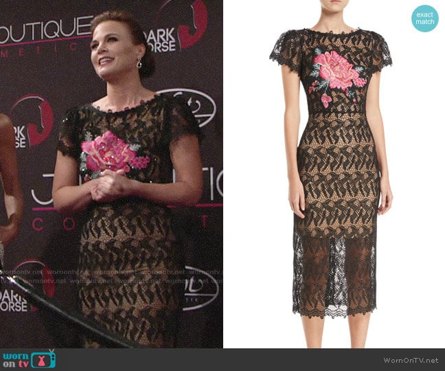 Jovani Floral-Insert Lace Dress w/ Short Sleeves worn by Phyllis Newman (Gina Tognoni) on The Young and the Restless