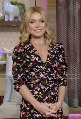 Kelly's black printed wrap dress on Live with Kelly and Ryan