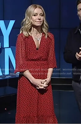 Kelly’s red printed v-neck dress on Live with Kelly and Ryan