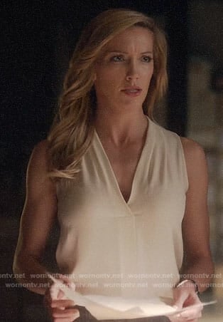 Laurel’s white sleeveless v-neck top on Arrow