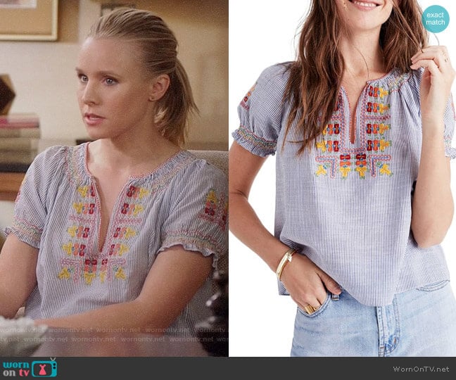 Madewell Embroidered Penny Peasant Top worn by Eleanor Shellstrop (Kristen Bell) on The Good Place