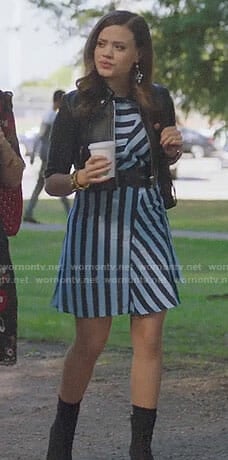Maggie's blue striped dress and cropped leather jacket on Charmed