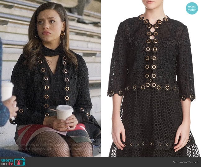 Maje Grommet Trim Lace Jacket worn by Maggie Vera (Sarah Jeffery) on Charmed