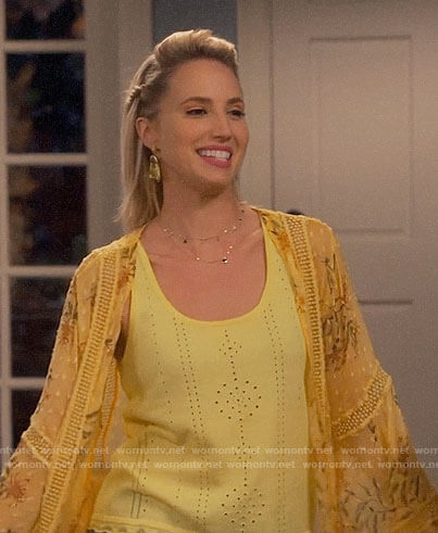 Mandy's yellow eyelet top and floral kimono on Last Man Standing