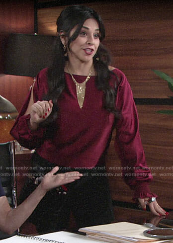 Mia’s burgundy split-sleeve blouse on The Young and the Restless