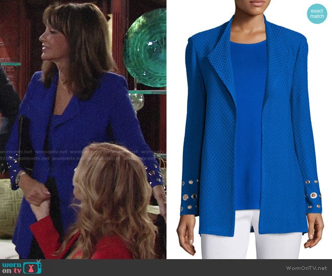 Misook Long Knit Jacket with Grommet Detail worn by Jill Abbott on The Young and the Restless worn by Jill Abbott (Jess Walton) on The Young and the Restless