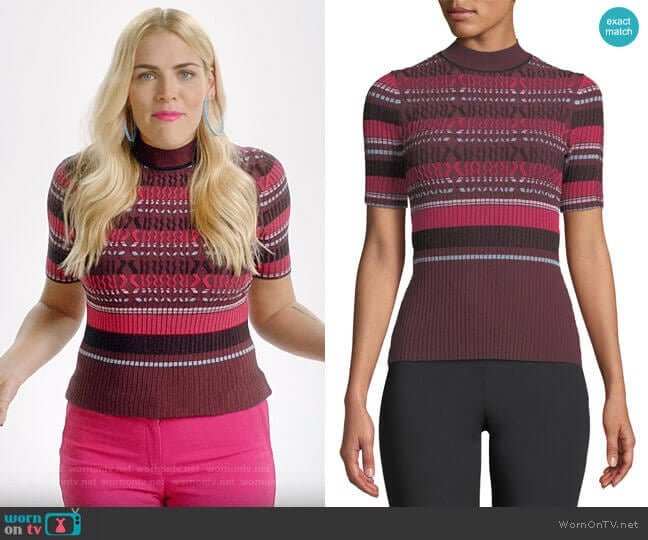 Opening Ceremony Fitted Ribbed Short-Sleeve Striped Top worn by Busy Philipps on Busy Tonight