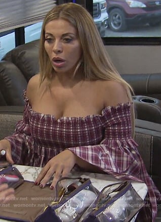 Dolores's red plaid off shoulder top on The Real Housewives of New Jersey