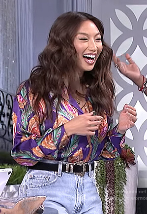 Jeannie’s purple floral print silk blouse on The Real