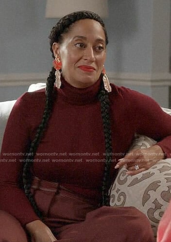 Bo's burgundy turtleneck and orange earrings on Black-ish