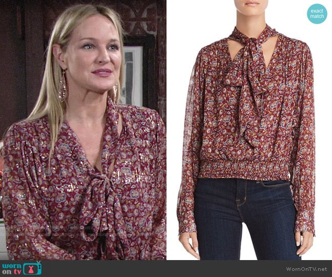 Ramy Brook Tie Neck Paisley Silk Top worn by Sharon Newman (Sharon Case) on The Young and the Restless