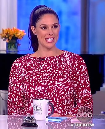 Abby’s red swirl print pleated mini dress on The View