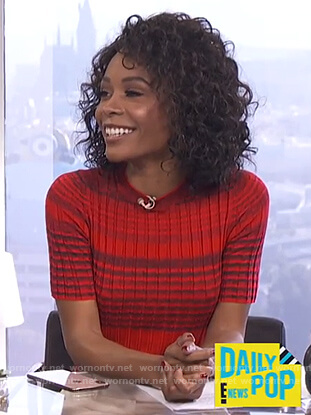 Zuri’s red striped short sleeve sweater on E! News Daily Pop