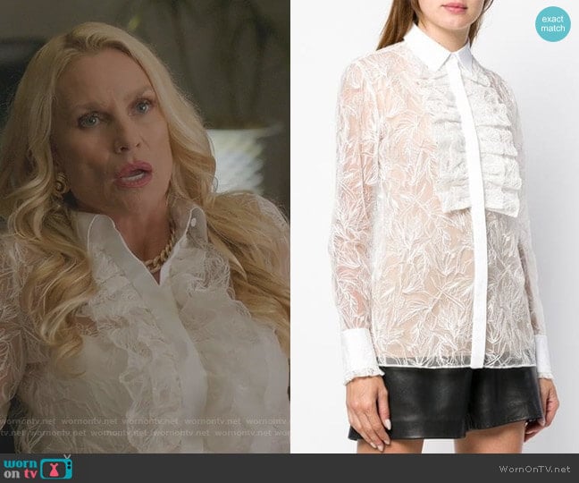 Ruffle Front Lace Shirt by Roberto Cavalli worn by Alexis Carrington (Elaine Hendrix) on Dynasty