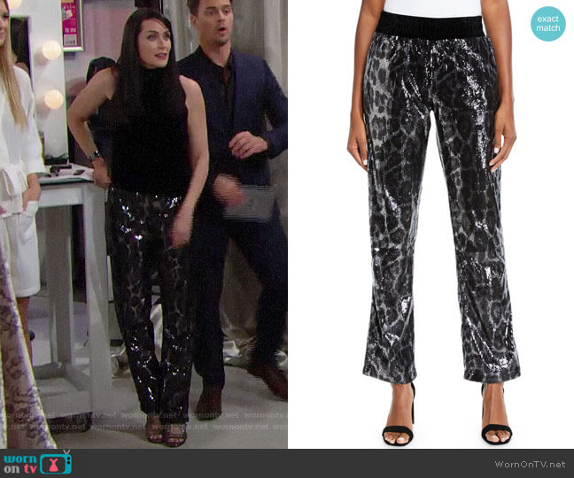 RtA Ash Sequin Leopard-Print Jogger Pants worn by Quinn Fuller (Rena Sofer) on The Bold & the Beautiful