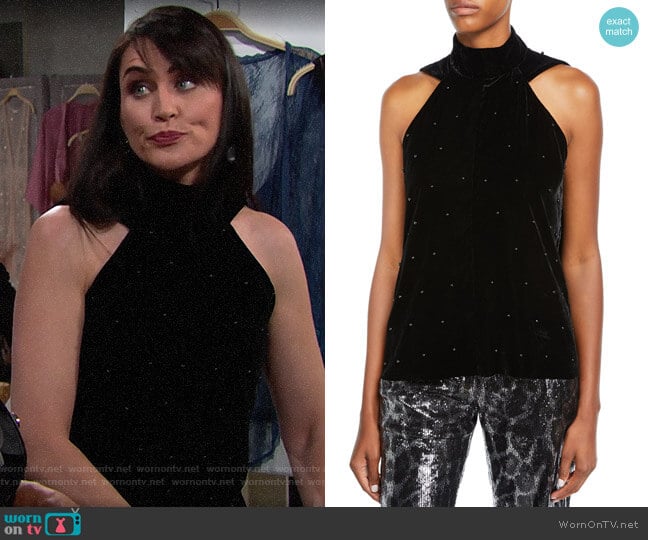 RtA Birdie Velvet Halter Top worn by Quinn Fuller (Rena Sofer) on The Bold and the Beautiful