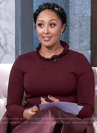 Tamera’s burgundy ruffle neck dress on The Real