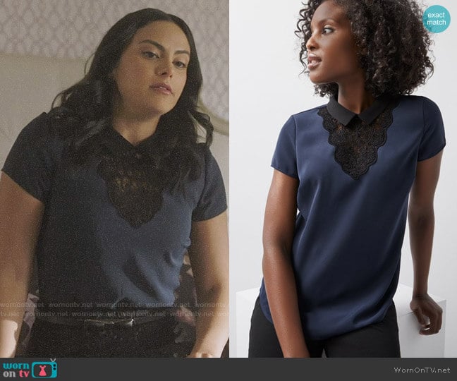 RW&Co Collared Mixed Media T-Shirt With Lace worn by Veronica Lodge (Camila Mendes) on Riverdale