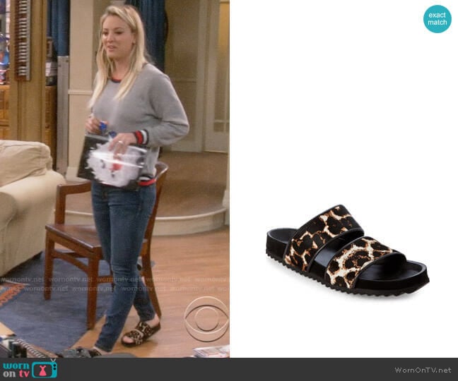 Sandro Andy Leopard Slide Sandals  worn by Penny Hofstadter (Kaley Cuoco) on The Big Bang Theory